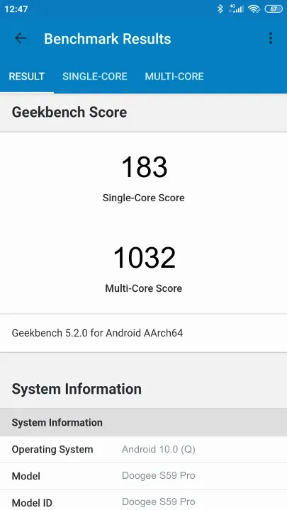 Wyniki testu Doogee S59 Pro Geekbench Benchmark