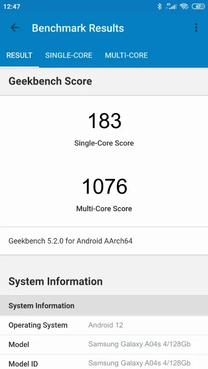 Wyniki testu Samsung Galaxy A04s 4/128Gb Geekbench Benchmark