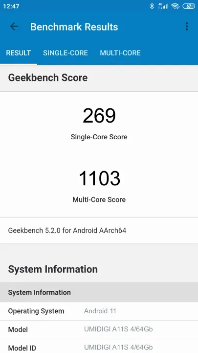 Wyniki testu UMIDIGI A11S 4/64Gb Geekbench Benchmark