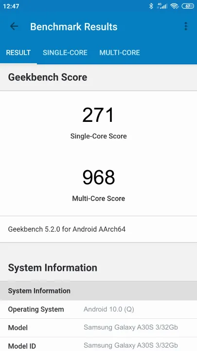 Wyniki testu Samsung Galaxy A30S 3/32Gb Geekbench Benchmark