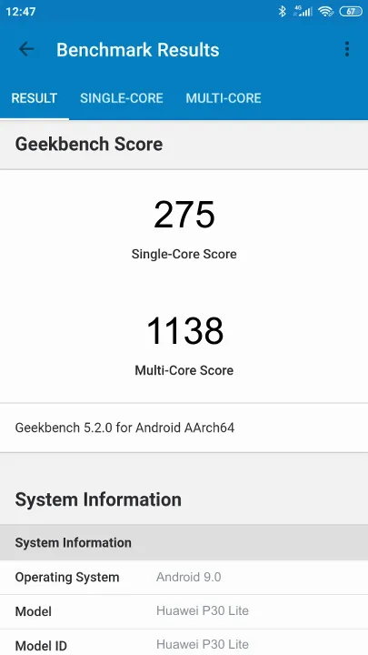Huawei P30 Lite Geekbench benchmark: classement et résultats scores de tests