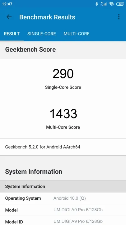 Wyniki testu UMIDIGI A9 Pro 6/128Gb Geekbench Benchmark