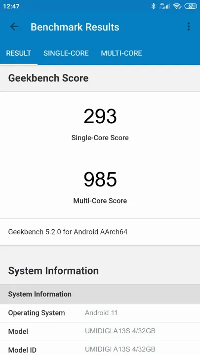 Punteggi UMIDIGI A13S 4/32GB Geekbench Benchmark