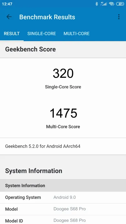Wyniki testu Doogee S68 Pro Geekbench Benchmark