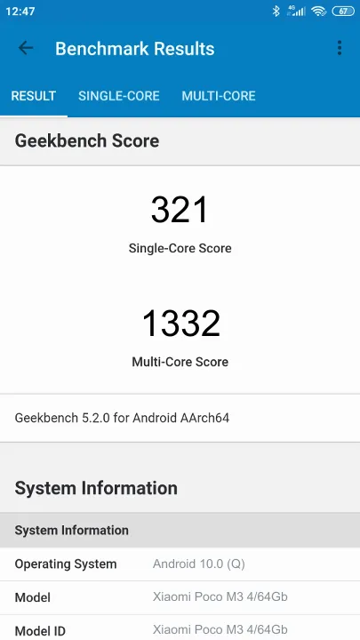 Wyniki testu Xiaomi Poco M3 4/64Gb Geekbench Benchmark