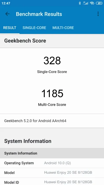 Wyniki testu Huawei Enjoy 20 SE 8/128GB Geekbench Benchmark