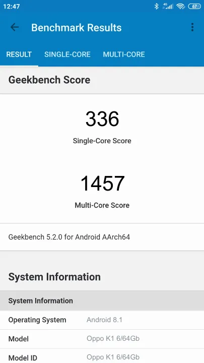 Wyniki testu Oppo K1 6/64Gb Geekbench Benchmark