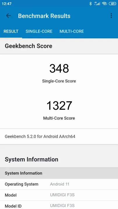 Wyniki testu UMIDIGI F3S Geekbench Benchmark