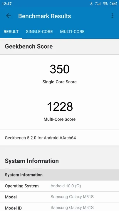 Wyniki testu Samsung Galaxy M31S Geekbench Benchmark