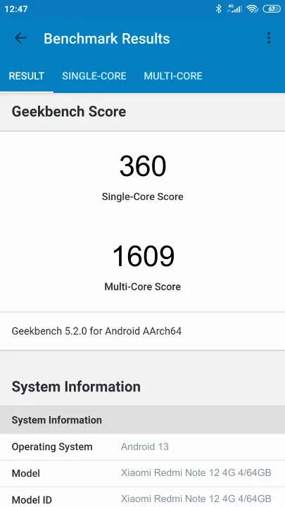Wyniki testu Xiaomi Redmi Note 12 4G 4/64GB Geekbench Benchmark