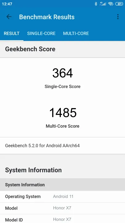 Wyniki testu Honor X7 4/128GB Geekbench Benchmark