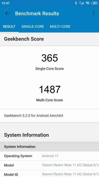 Wyniki testu Xiaomi Redmi Note 11 4G Global 6/128GB non-NFC Geekbench Benchmark