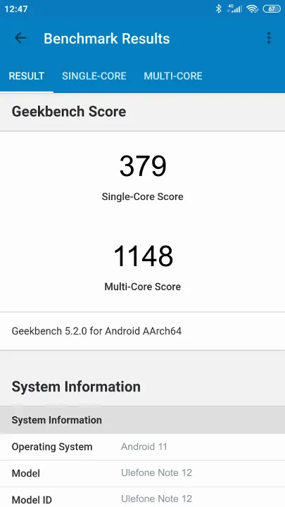 Wyniki testu Ulefone Note 12 Geekbench Benchmark