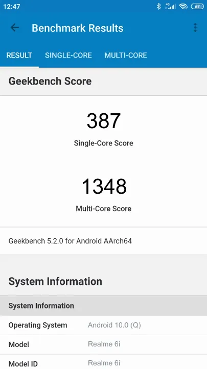 Wyniki testu Realme 6i Geekbench Benchmark