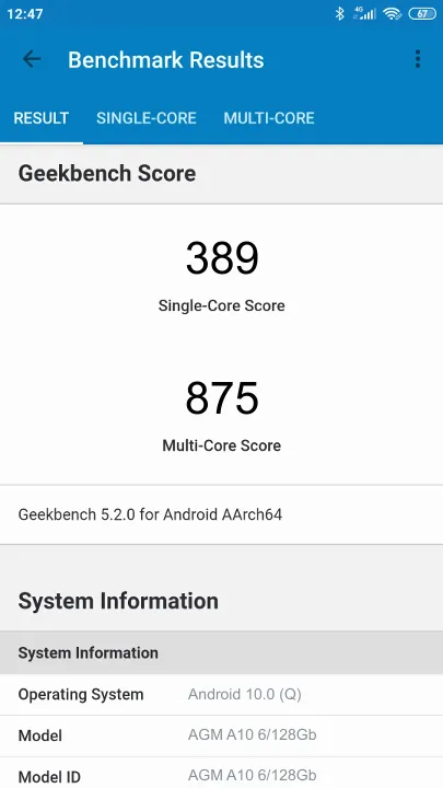 Wyniki testu AGM A10 6/128Gb Geekbench Benchmark