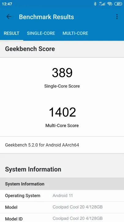Wyniki testu Coolpad Cool 20 4/128GB Geekbench Benchmark