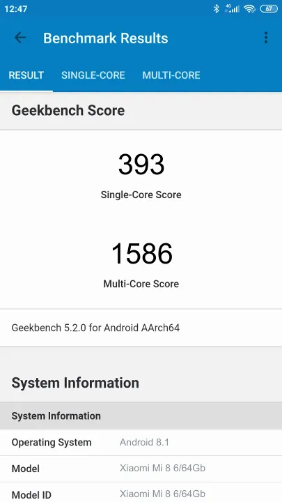 Wyniki testu Xiaomi Mi 8 6/64Gb Geekbench Benchmark