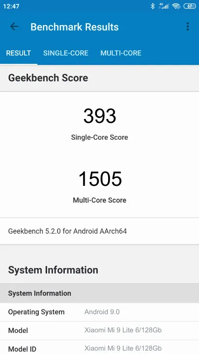 Punteggi Xiaomi Mi 9 Lite 6/128Gb Geekbench Benchmark
