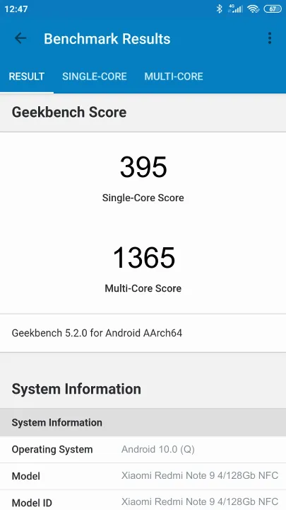 Wyniki testu Xiaomi Redmi Note 9 4/128Gb NFC Geekbench Benchmark