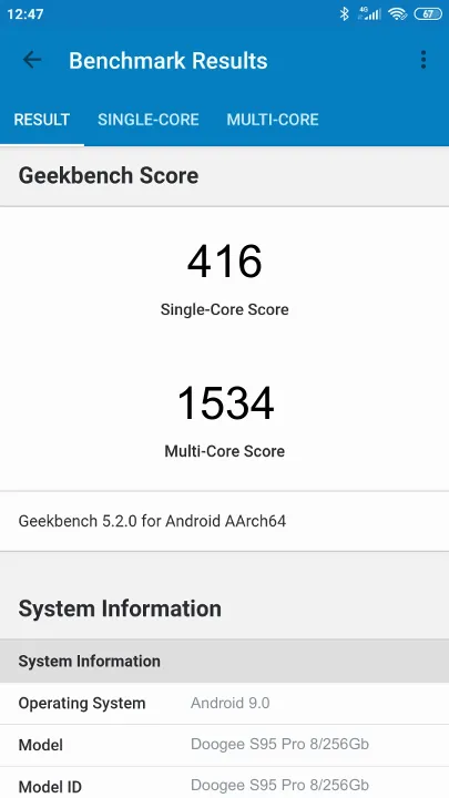 Wyniki testu Doogee S95 Pro 8/256Gb Geekbench Benchmark