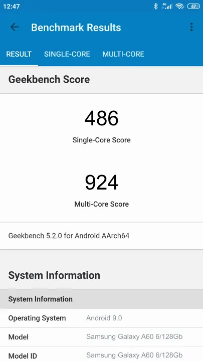 Wyniki testu Samsung Galaxy A60 6/128Gb Geekbench Benchmark