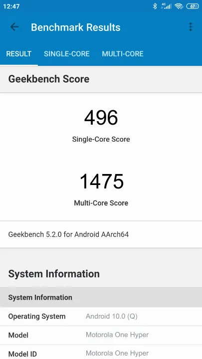 Wyniki testu Motorola One Hyper Geekbench Benchmark
