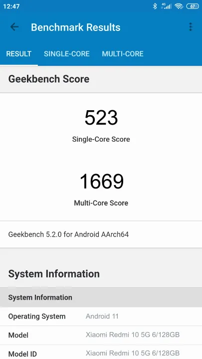 Wyniki testu Xiaomi Redmi 10 5G 6/128GB Geekbench Benchmark