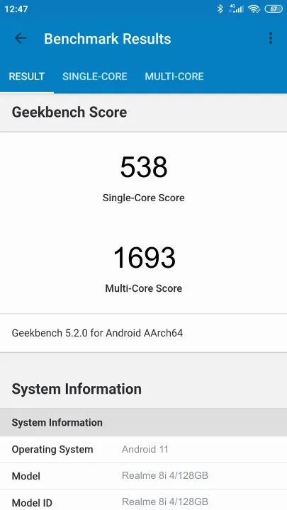 Punteggi Realme 8i 4/128GB Geekbench Benchmark