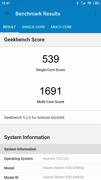 Wyniki testu Xiaomi Redmi K30 6/64Gb Geekbench Benchmark