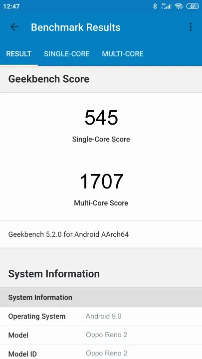 Wyniki testu Oppo Reno 2 Geekbench Benchmark