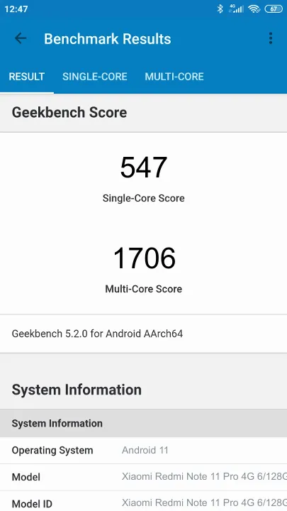 Wyniki testu Xiaomi Redmi Note 11 Pro 4G 6/128GB Geekbench Benchmark