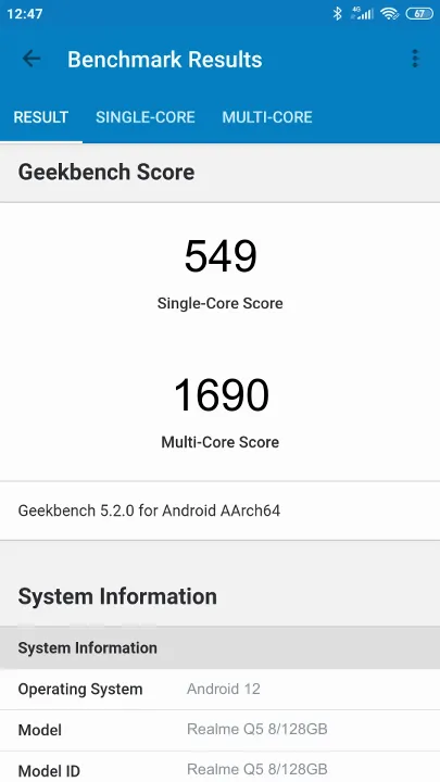 Wyniki testu Realme Q5 8/128GB Geekbench Benchmark