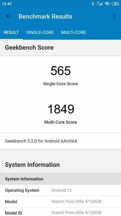 Wyniki testu Xiaomi Poco M5s 4/128GB Geekbench Benchmark