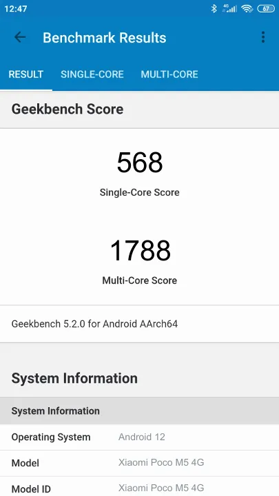 Wyniki testu Xiaomi Poco M5 4/64GB Geekbench Benchmark