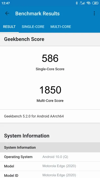 Wyniki testu Motorola Edge (2020) Geekbench Benchmark