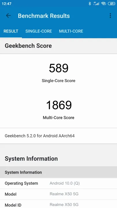 Wyniki testu Realme X50 5G Geekbench Benchmark