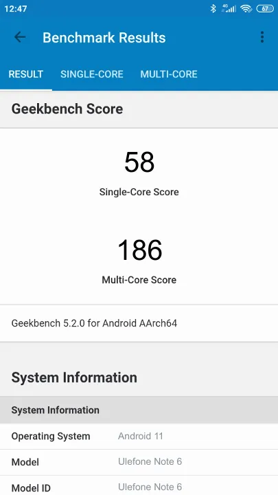 Wyniki testu Ulefone Note 6 Geekbench Benchmark