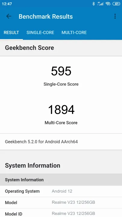 Realme V23 12/256GB Geekbench benchmark: classement et résultats scores de tests