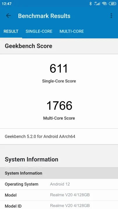 Wyniki testu Realme V20 4/128GB Geekbench Benchmark
