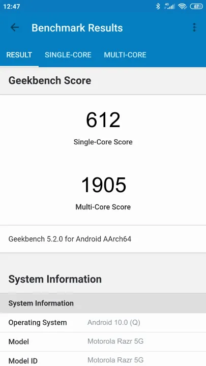 Wyniki testu Motorola Razr 5G Geekbench Benchmark