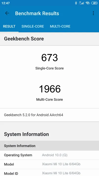 Wyniki testu Xiaomi Mi 10 Lite 6/64Gb Geekbench Benchmark