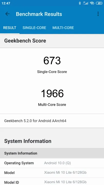 Wyniki testu Xiaomi Mi 10 Lite 6/128Gb Geekbench Benchmark