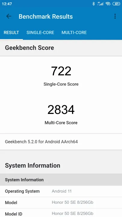 Wyniki testu Honor 50 SE 8/256Gb Geekbench Benchmark
