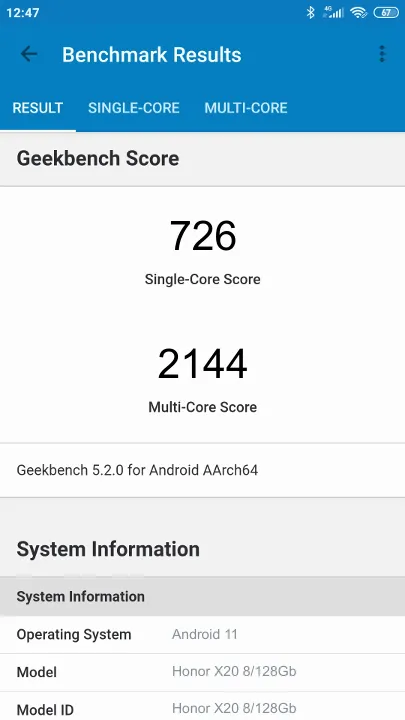 Punteggi Honor X20 8/128Gb Geekbench Benchmark