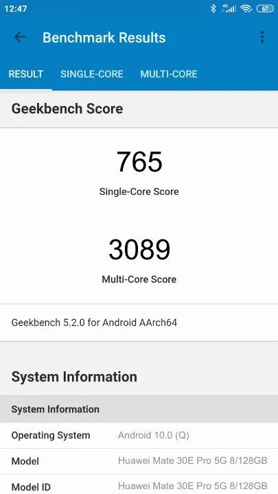 Wyniki testu Huawei Mate 30E Pro 5G 8/128GB Geekbench Benchmark