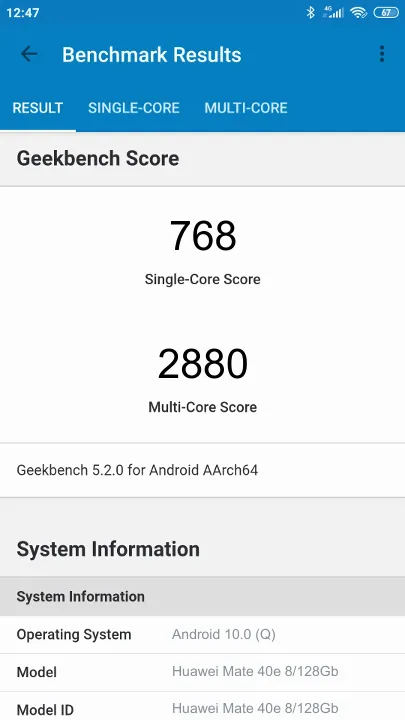 Wyniki testu Huawei Mate 40e 8/128Gb Geekbench Benchmark
