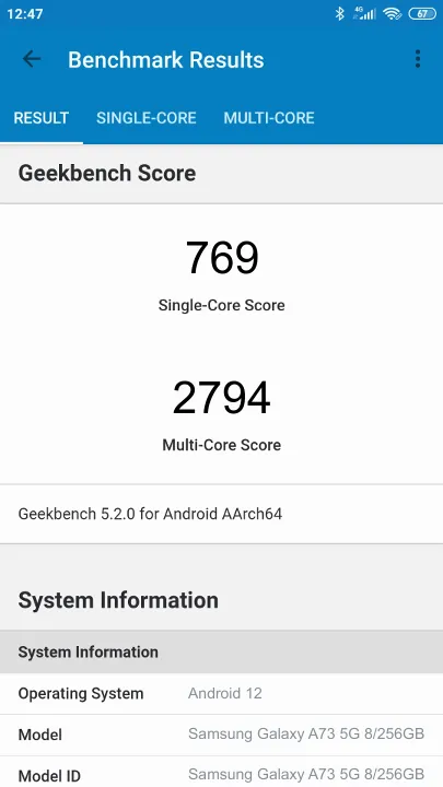 Wyniki testu Samsung Galaxy A73 5G 8/256GB Geekbench Benchmark