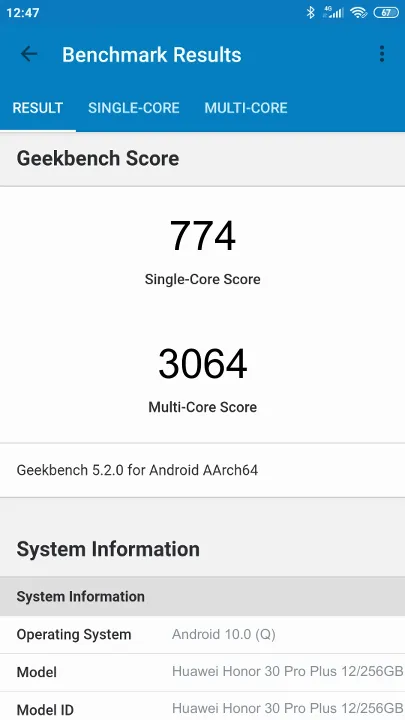 Wyniki testu Huawei Honor 30 Pro Plus 12/256GB Geekbench Benchmark