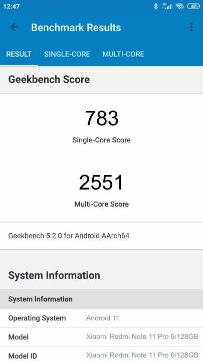 Wyniki testu Xiaomi Redmi Note 11 Pro 6/128GB Geekbench Benchmark