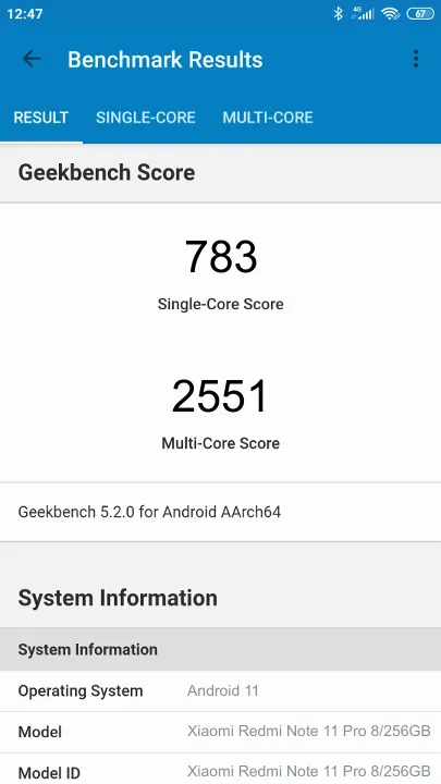 Wyniki testu Xiaomi Redmi Note 11 Pro 8/256GB Geekbench Benchmark
